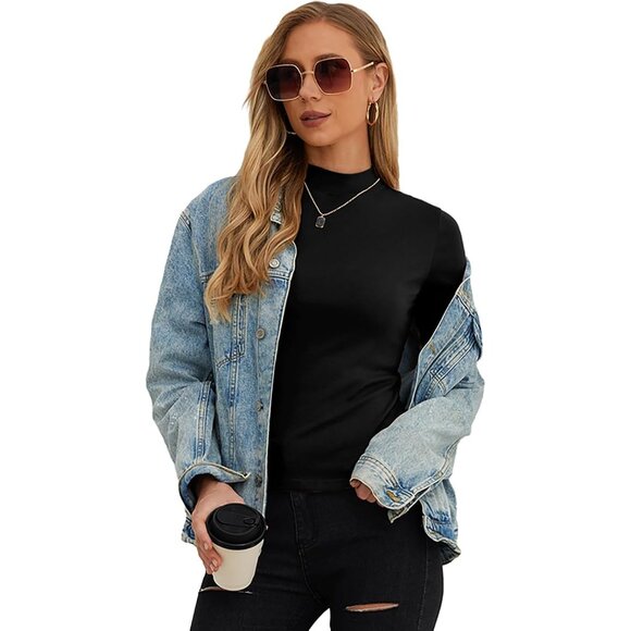 🆕Women Black Cotton Summer Top Casual Mock Neck Slim Fit Short Sleeve T-Shirt - Picture 4 of 5